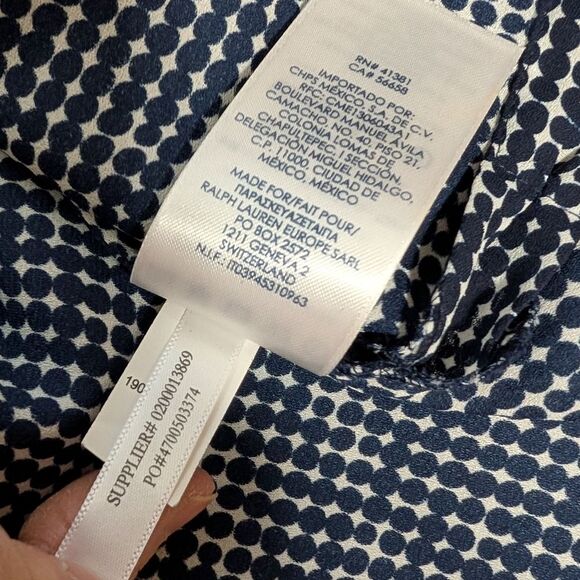 Chaps Geometric Print Semi Shear Blouse Navy 2X Polka Dot Collar Button Front - Picture 7 of 11